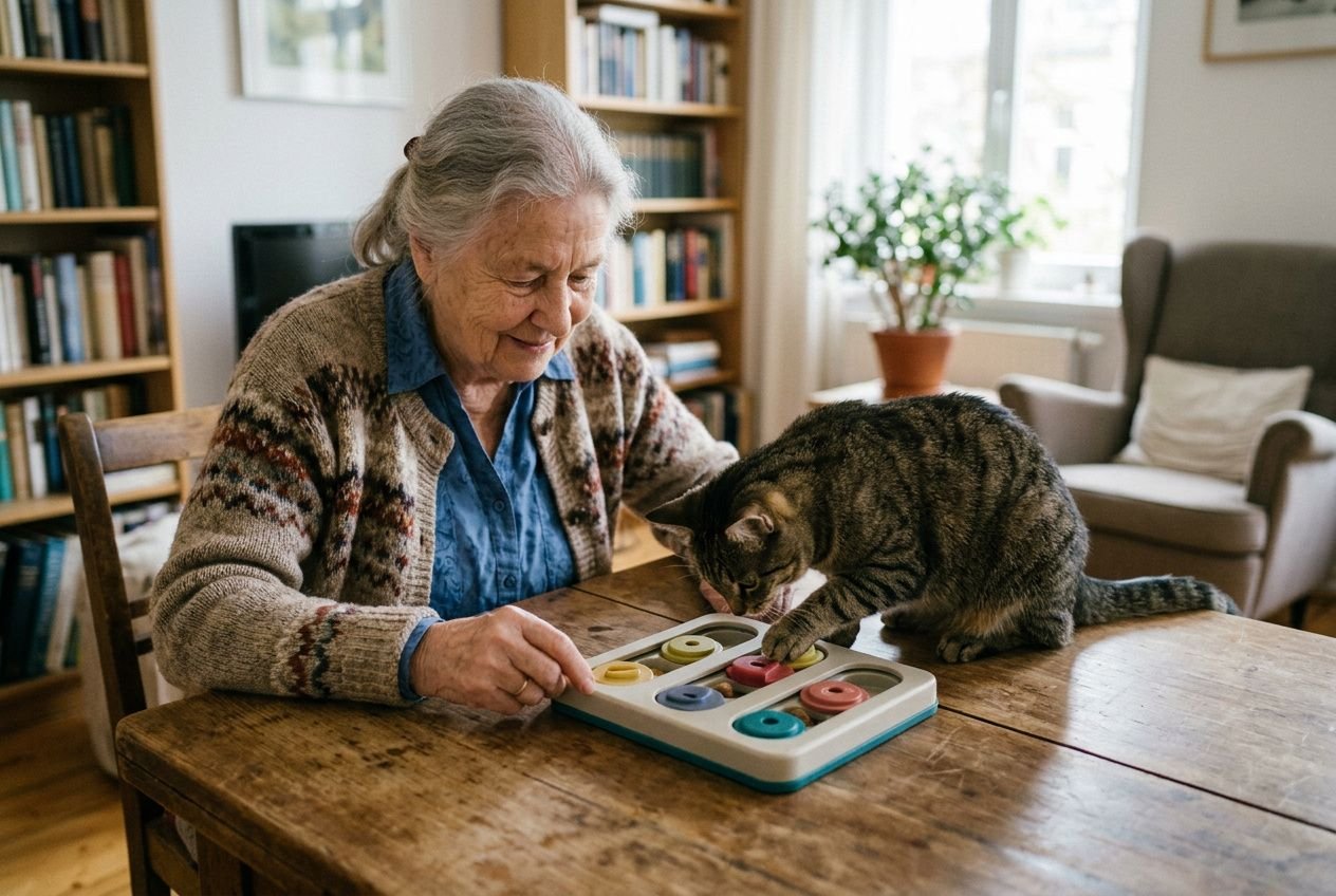 Chat senior explorant un puzzle alimentaire interactif