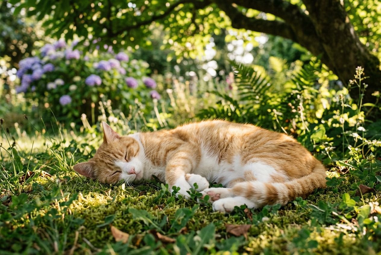 Chat orange dormi paisiblement dans l’herbe, en plein jardin; ambiance anti-stress naturel pour chat.