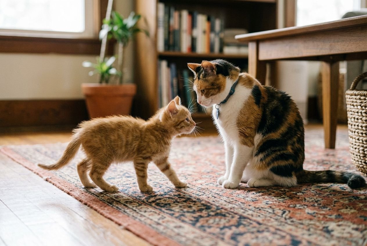 Adaptation chat avec autre chat: un chaton orange et un chat tricolore se regardent curieusement dans un salon, signe de cohabitation naissante