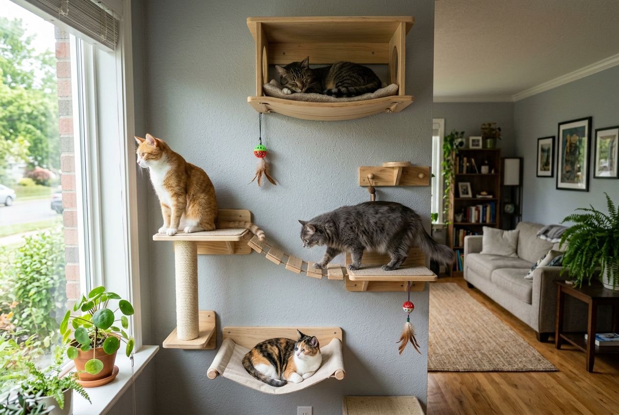 Adaptation chat avec autre chat: plusieurs chats cohabitent sur un mobilier d’escalier en bois près d’une fenêtre lumineuse.
