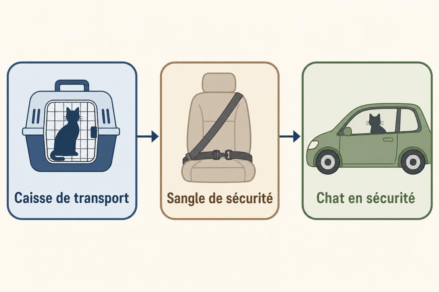 Caisse de transport pour chat, sangle de sécurité et chat en voiture dans une voiture, illustration étape par étape.
