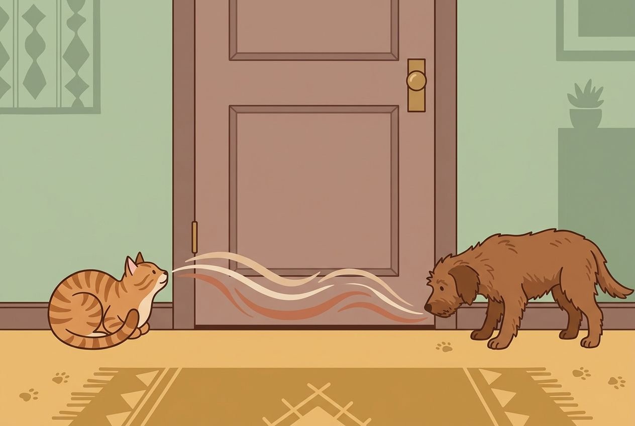 Chat adulte et chien se rencontrent à la porte, création de vagues d’air et curiosité. Illustration adaptée à “comment accueillir un chat adulte avec un chien” sur une cohabitation sereine.