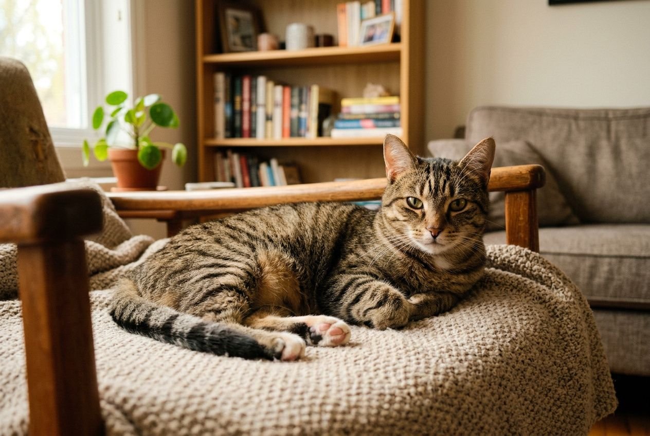 Chat adulte au repos sur une couverture dans un salon cosy, bibliothèque en arrière-plan. Adopter un chat adulte.