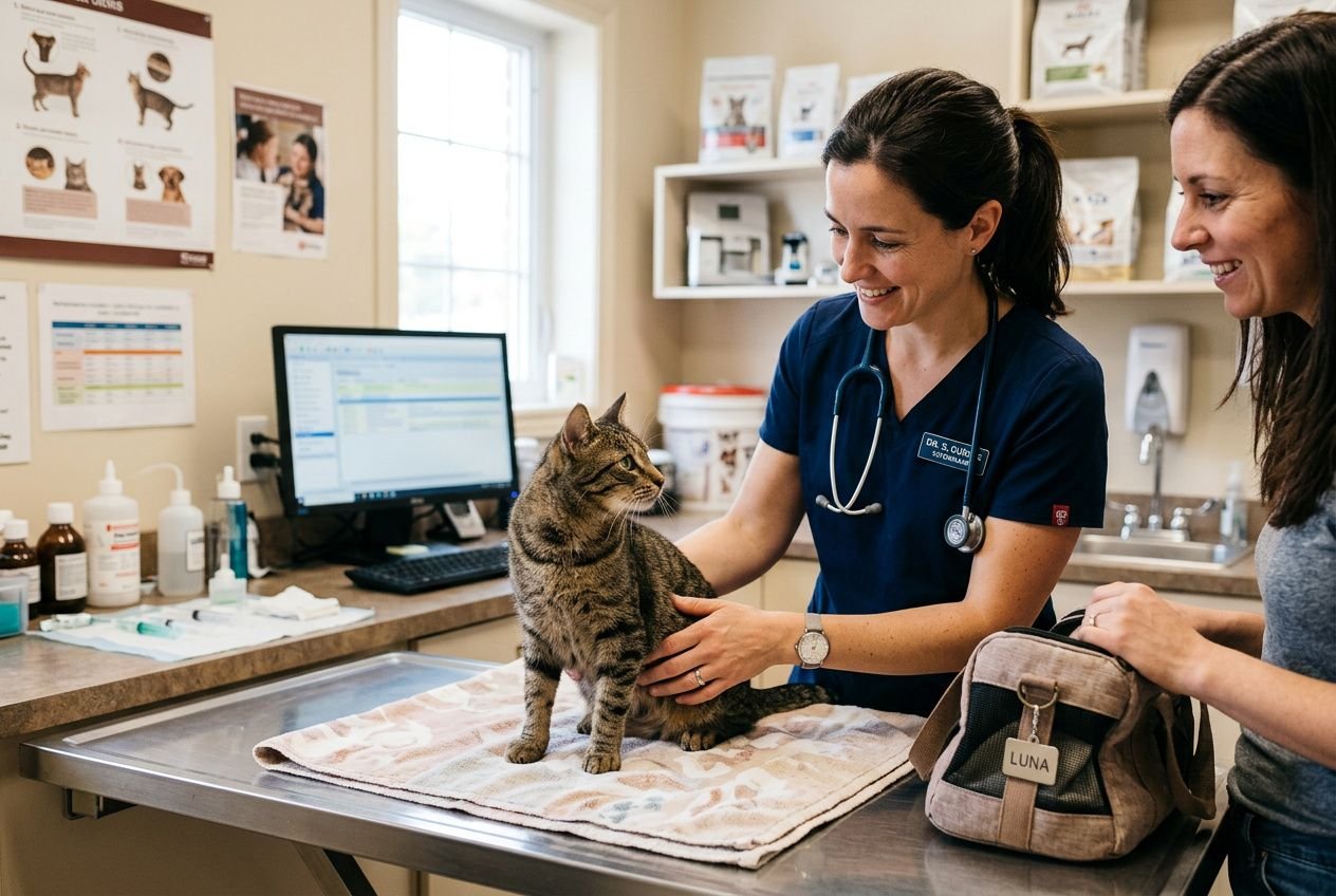 Chat agressif : une consultation vétérinaire avec une chatte sur la table, une vétérinaire caressant l’animal et une cliente souriante à ses côtés.