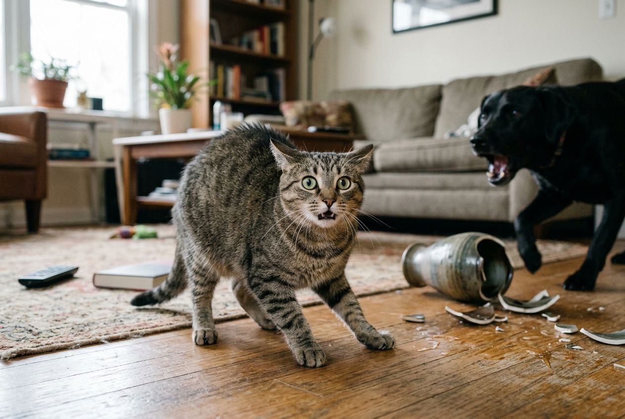 Chat apeuré que faire : chat tabby sur le sol, poils hérisses, devant un chien agité dans un salon domestique.