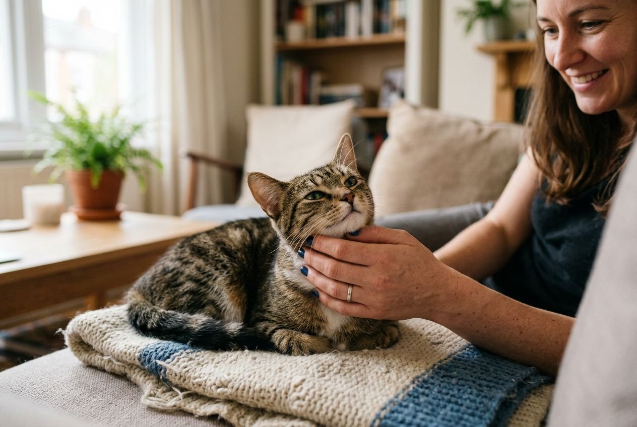 Chat apeuré que faire : une femme caresse chaleureusement un chat domestique sur une couverture, ambiance rassurante et domestique.