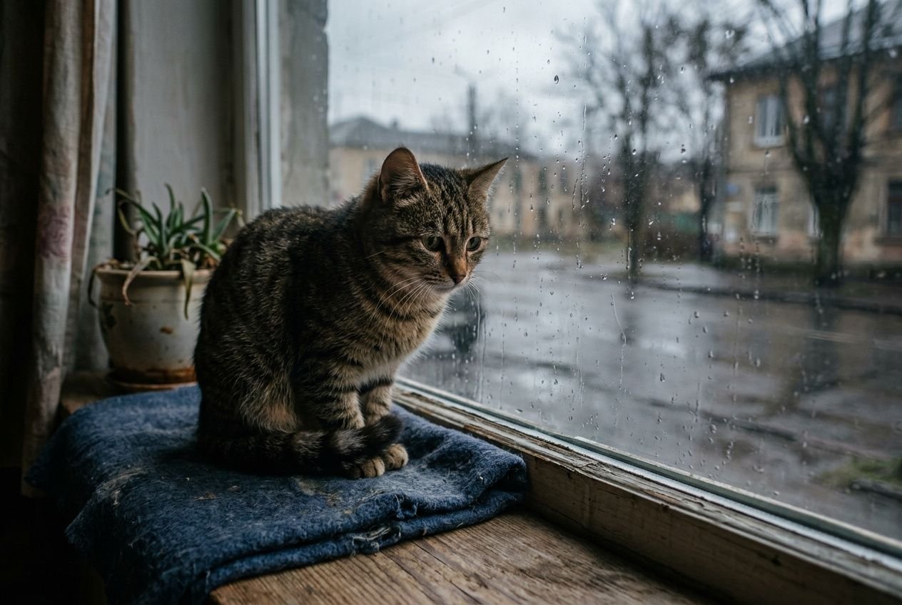 Chat assis sur une couverture près d’une fenêtre, regard triste et extérieur gris et pluvieux, signes de dépression chez un chat.