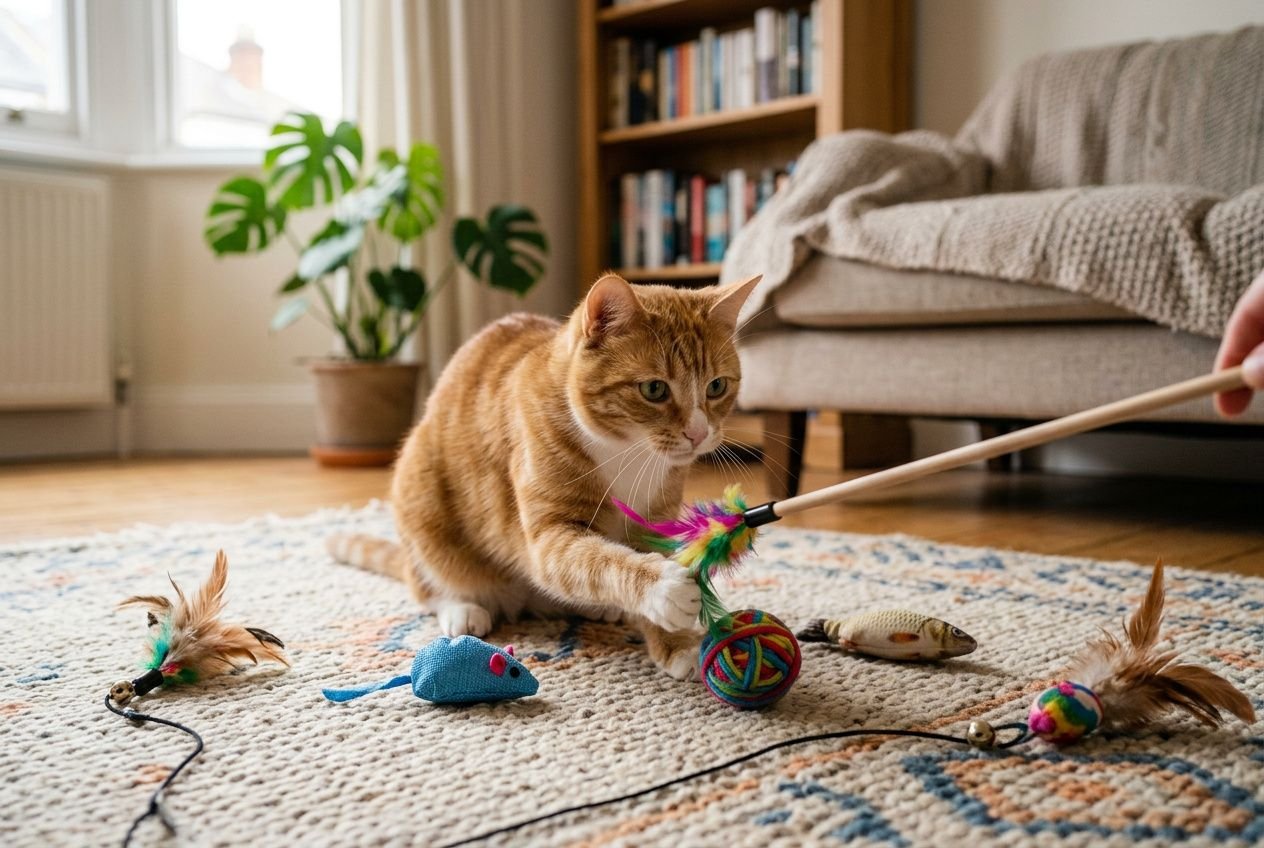 Chat d’intérieur joueur qui poursuit un jouet à tige avec plumes, entouré de plusieurs jouets colorés sur un tapis.