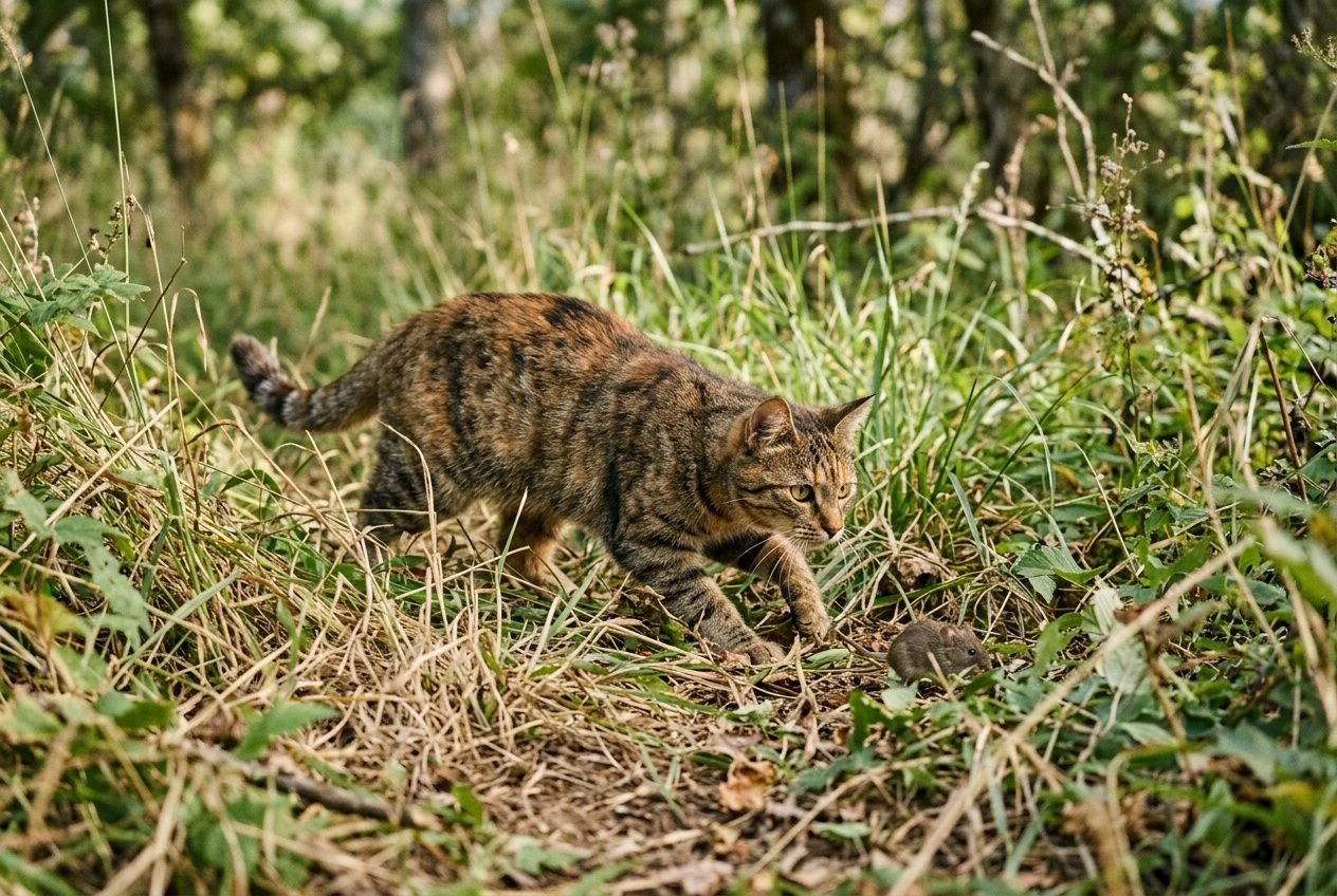 Chat domestique en action dans un espace extérieur verdoyant, prêt à chasser un petit animal, reflétant le jeu sans jouet conseillé. intégration: comment jouer avec son chat sans jouet.