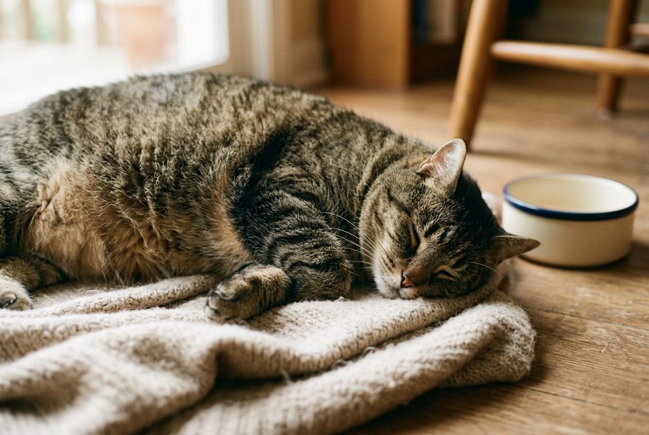Chat domestique allongé sur une couverture, près d’un bol, dort paisiblement. Sujet lié à « mon chat grossit sans raison » et au surpoids félin.