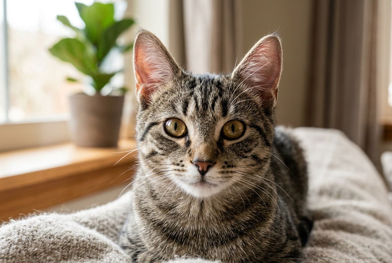 Chat domestique assis sur une couverture douillette, regard attentif vers l’objectif, éclairage naturel et plante en arrière-plan. Comprendre le comportement du chat dans le cadre du langage corporel.