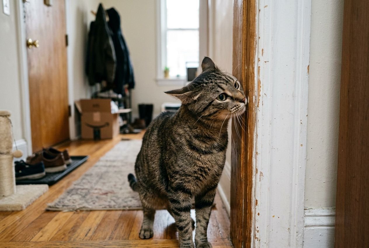 Chat domestique debout dans un couloir intérieur, près d’une porte et d’un mur, avec des objets et des chaussures en arrière-plan. Intègre le mot-clé de manière fluide: pourquoi chat urine maison.