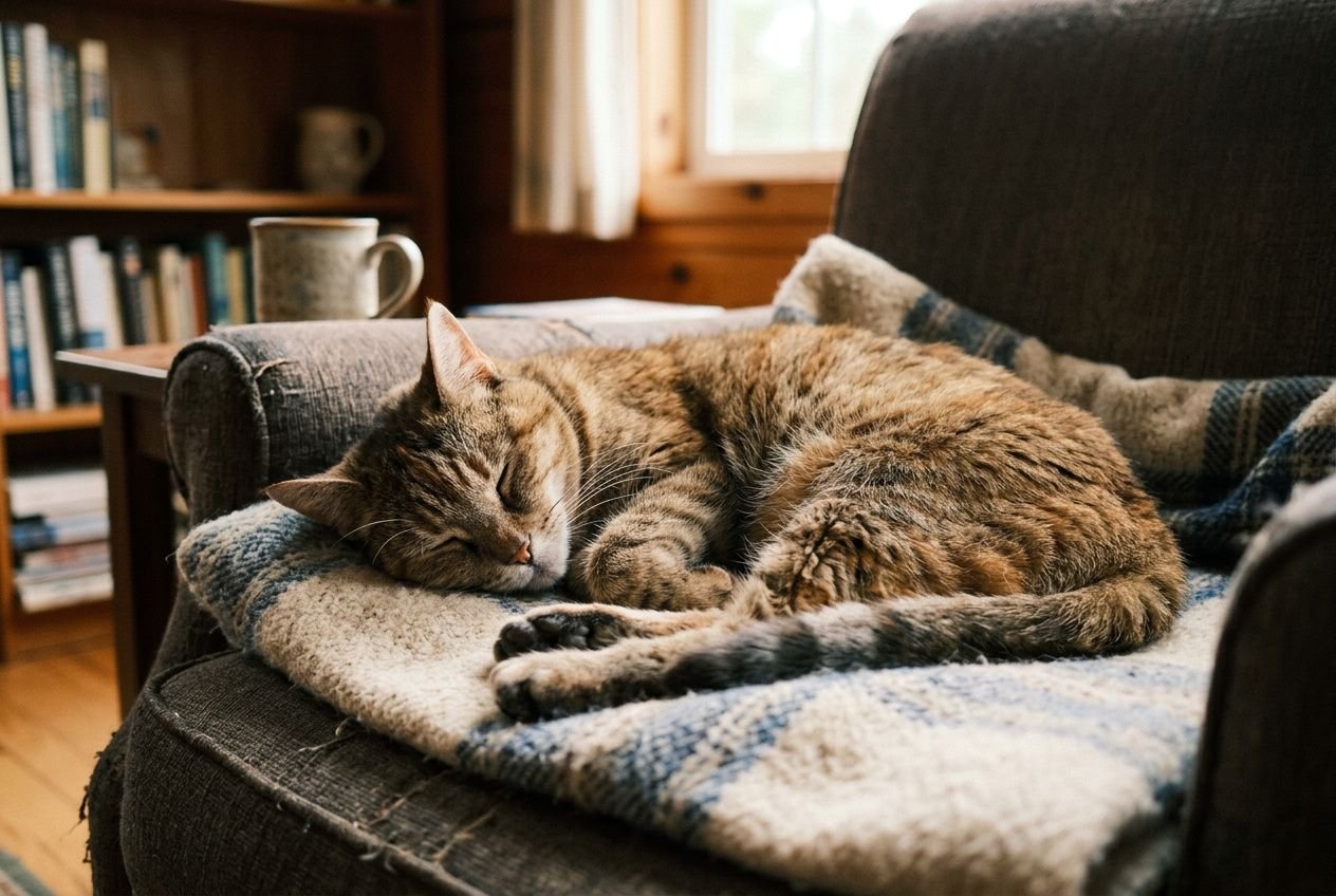Chat domestique dorloté et paisible sur un canapé, enveloppé dans une couverture douce. Pourquoi mon chat dort beaucoup évoqué.