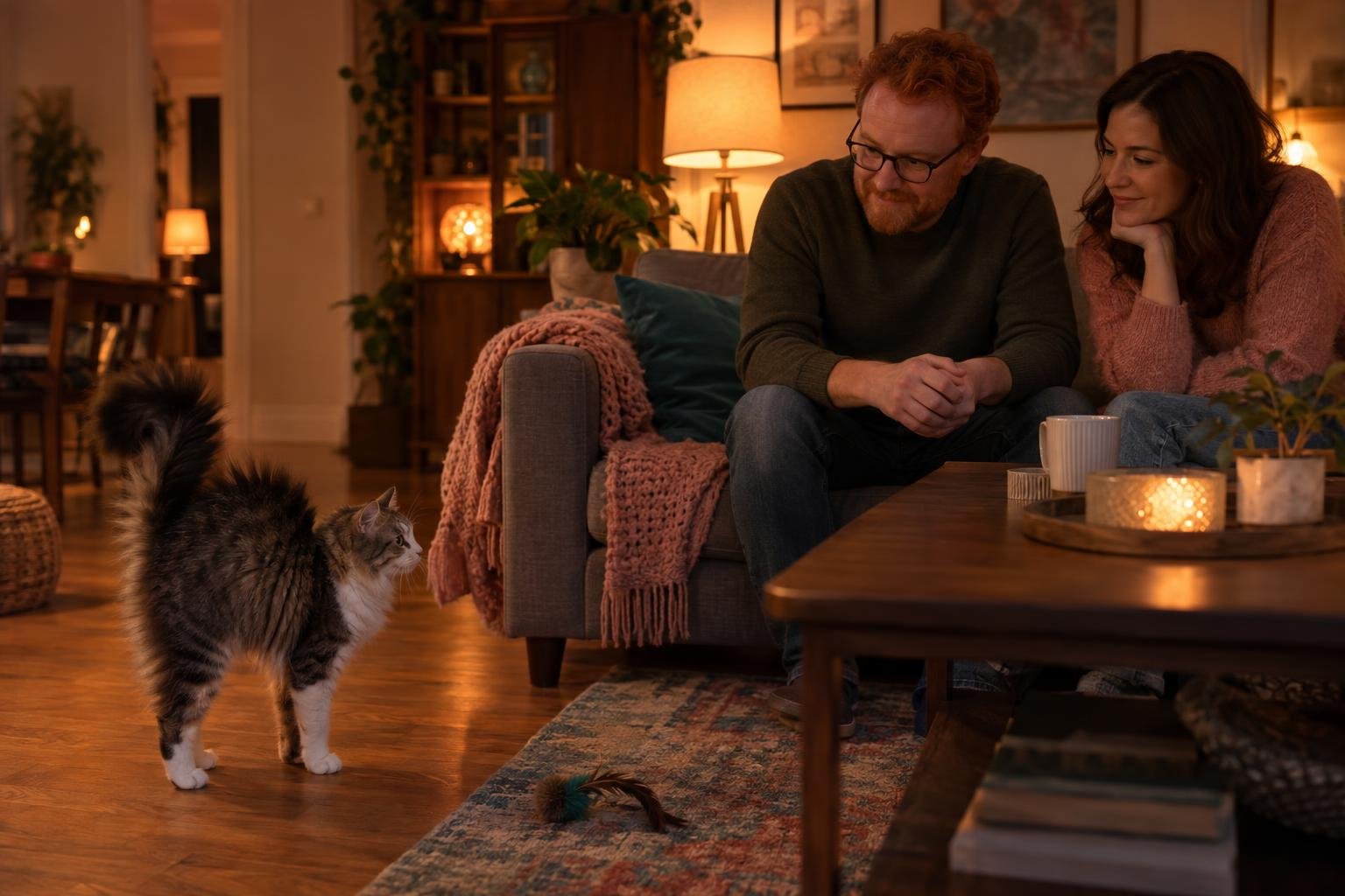 Un chat domestique se dresse et observe un couple assis sur un canapé dans un salon chaleureux.
