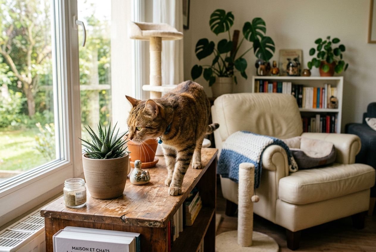 Chat domestique explorant une table près de la fenêtre, avec plantes et canapé; ambiance cosy d’adaptation après adoption selon la règle 3-3-3 pour les chats