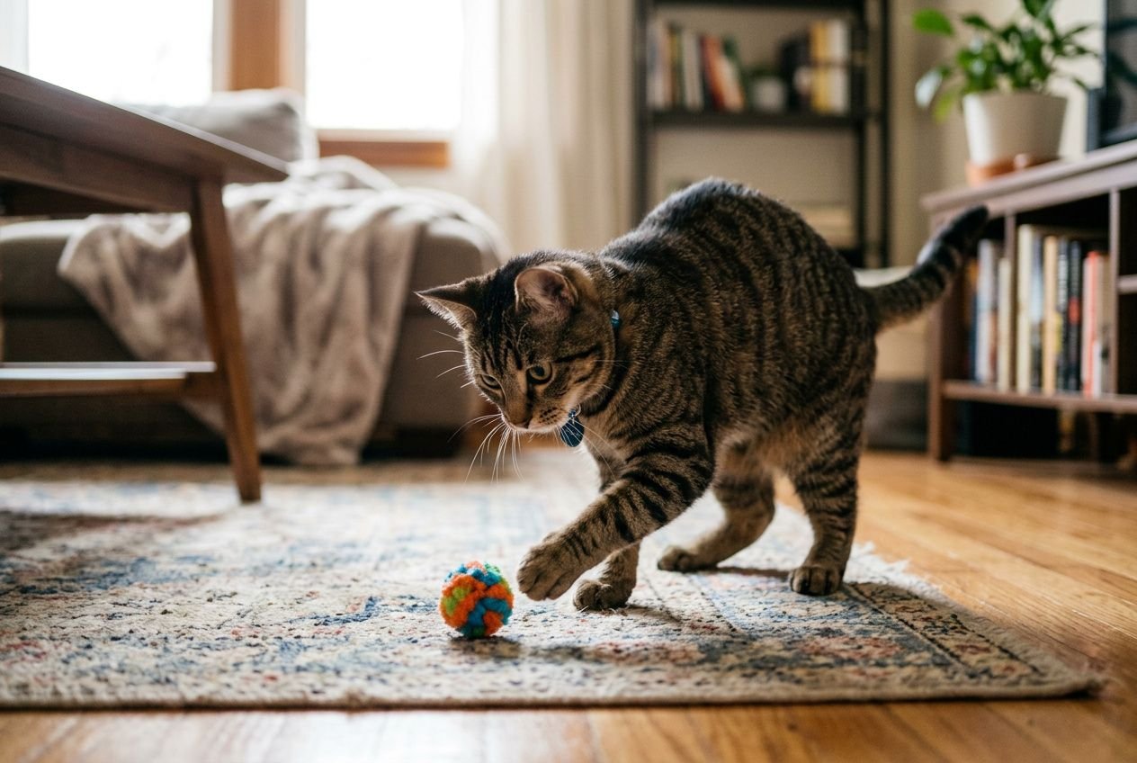 Chat domestique jouant avec une balle colorée sur un tapis, intérieur lumineux et bibliothèque en arrière-plan. Meilleurs jeux pour chat qui s'ennuie.