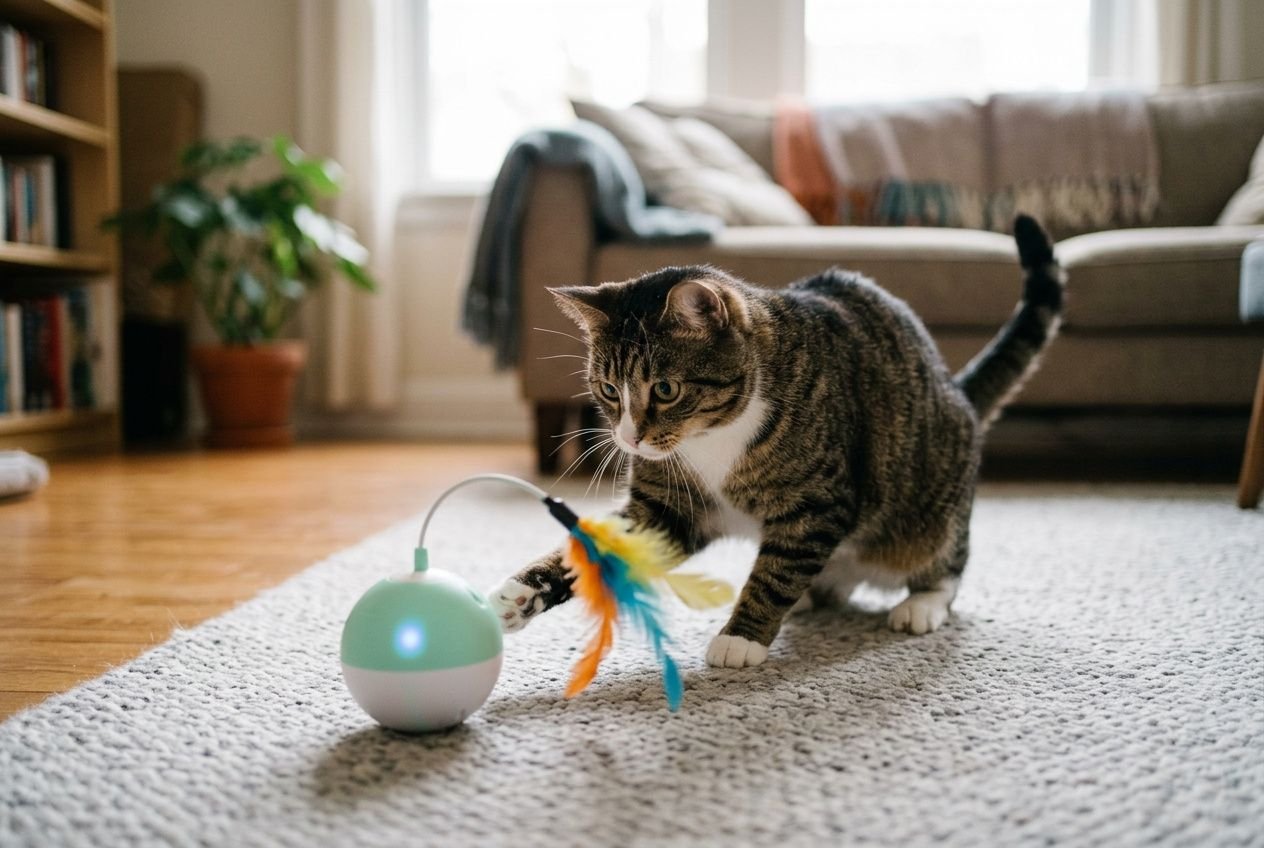 Chat domestique jouant avec un jouet chat interactif automatique attrayant à boule sur socle, dans un salon lumineux.
