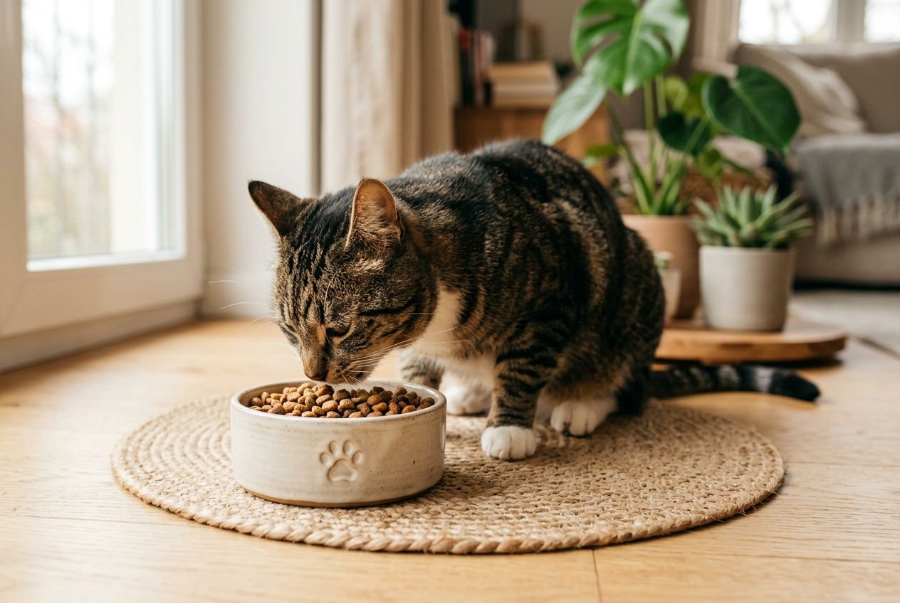 Chat domestique mangeant des croquettes dans un bol posé sur un tapis rond, près d’une ambiance intérieure avec plantes. Comment bien s occuper de son chat.