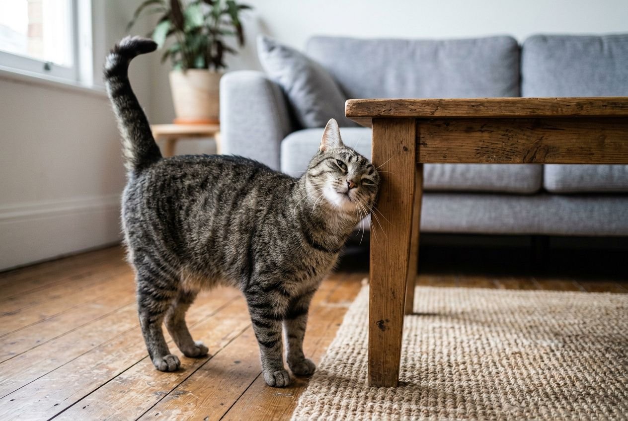 Chat domestique ronronnant près d’une table en bois, montrant un langage corporel détendu dans un salon lumineux.
