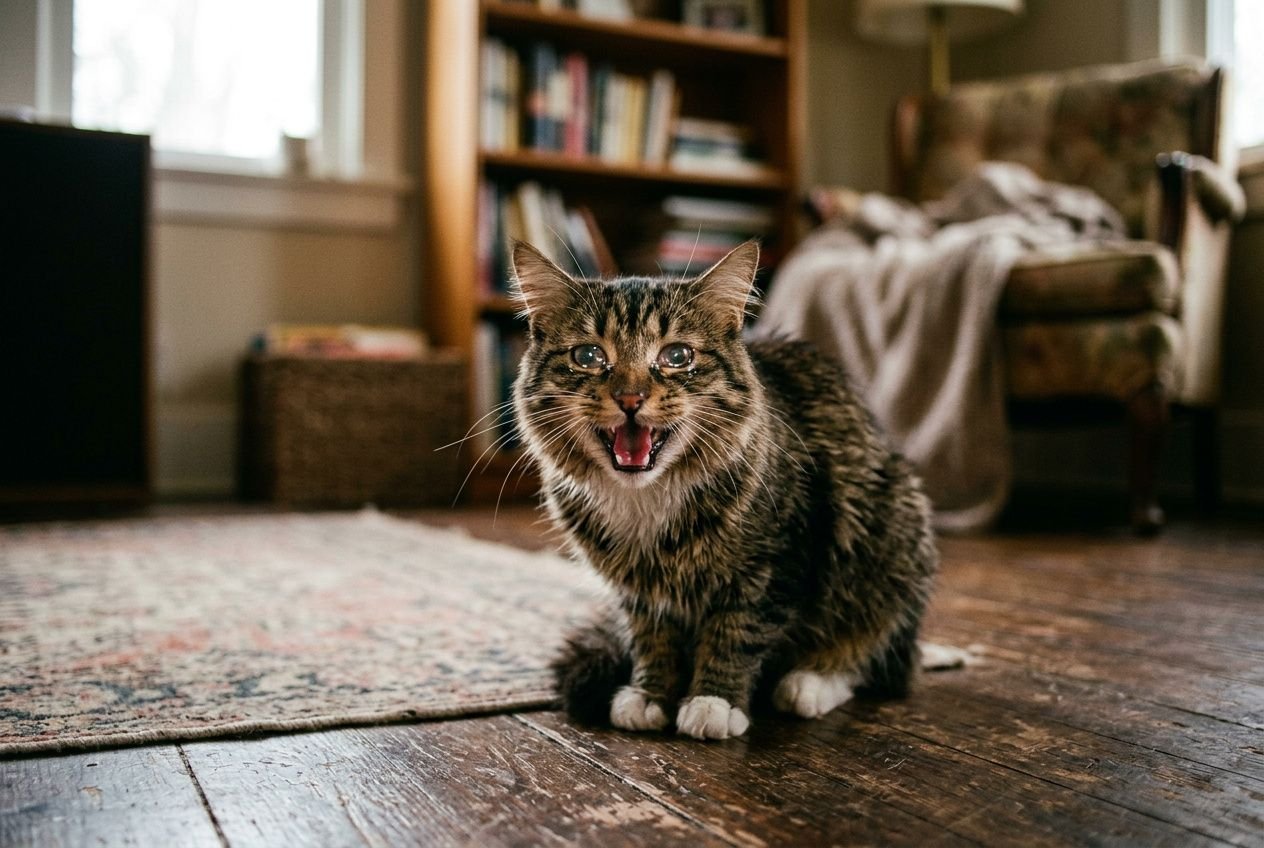 Chat domestique sur le sol en bois, bouche ouverte en train de miauler, intérieur cosy et bibliothèque en arrière-plan. miaulement d'un chat qui pleure évoqué.