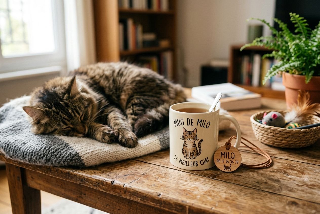 Chat dormeur sur une couverture près d’un mug "Mug de Milo" décoratif; petit sac en cuir avec prénom et chat, ambiance cozy et déco pour amoureux des chats.