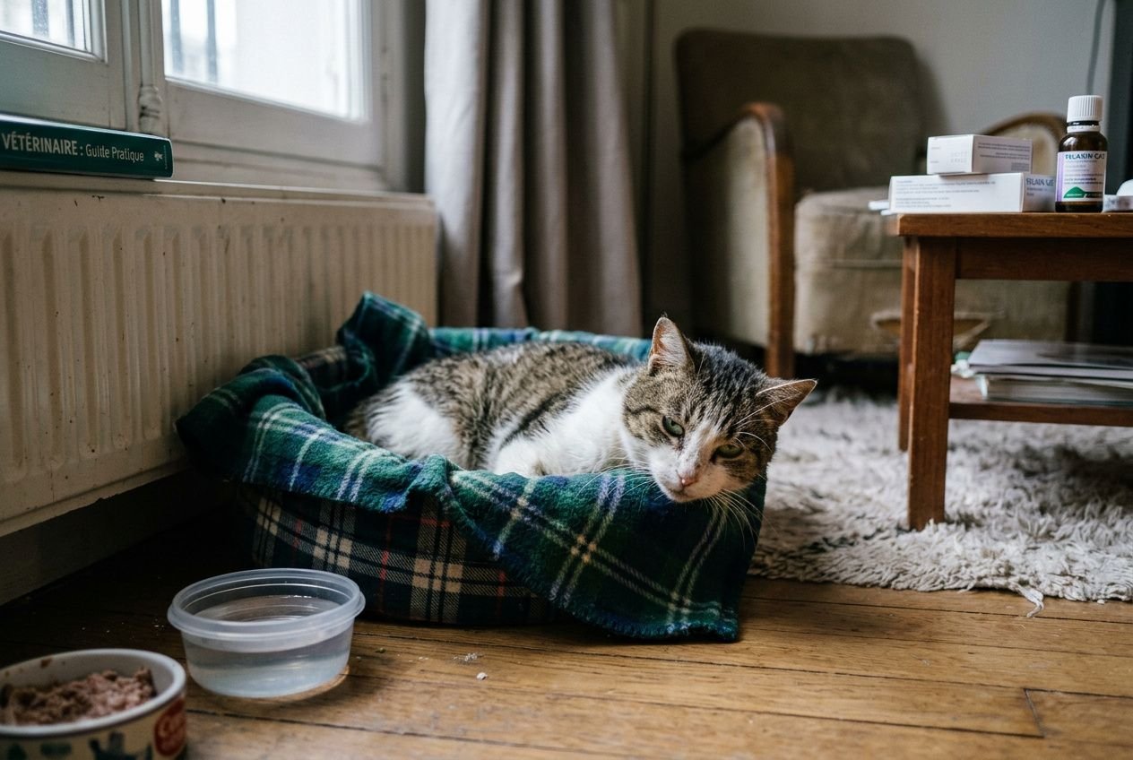 Chat qui dort beaucoup et semble peu actif dans son panier-repos, près de sa nourriture et d’un fioles de médicament. Pourquoi mon chat dort beaucoup et ne joue, alerte vétérinaire et signe de fatigue.