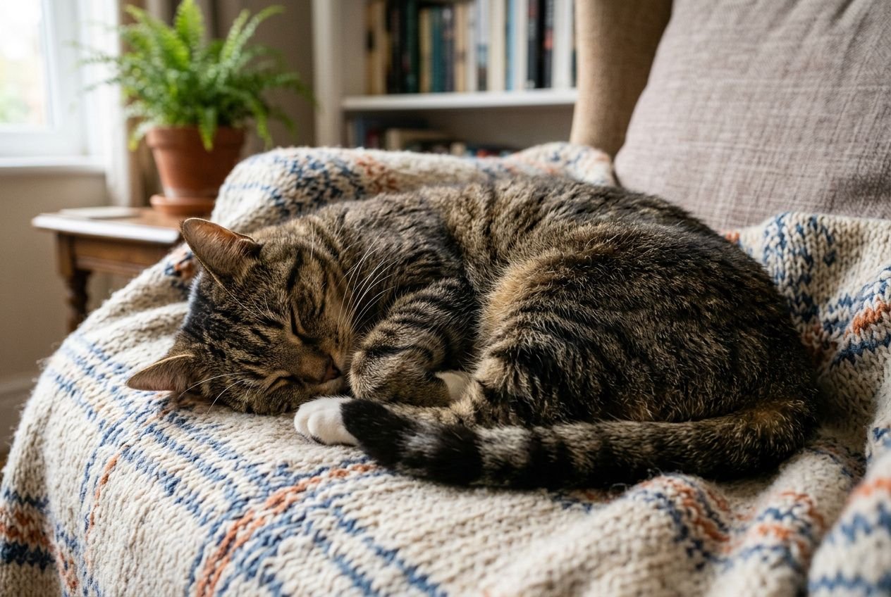 Chat qui dort, enroulé sur une couverture tissée, intérieur cosy et livres en arrière-plan. Langage corporel : position chat qui dort signification pour son humeur.