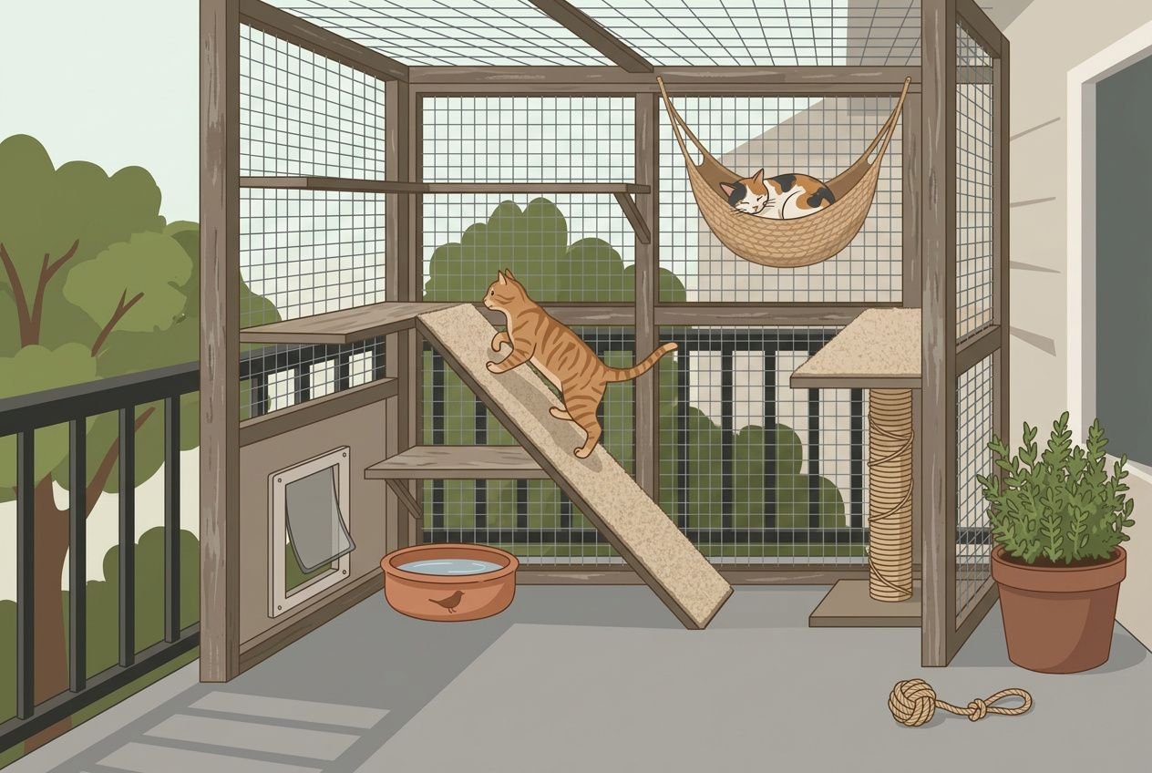 Chat en enclos extérieur sécurisé avec passerelle, hamac suspendu et arbre à plumes, déco balcon et jouet. Aménagement chat extérieur idéal.
