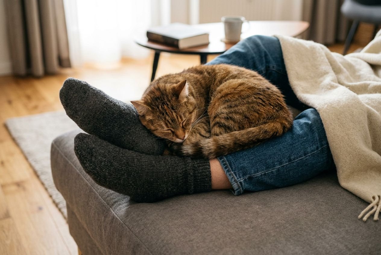 Chat endormi blotti sur les pieds d’une personne sur un canapé, couverture beige à proximité, ambiance cosy et lumineuse. Langage corporel position chat qui dort signification.