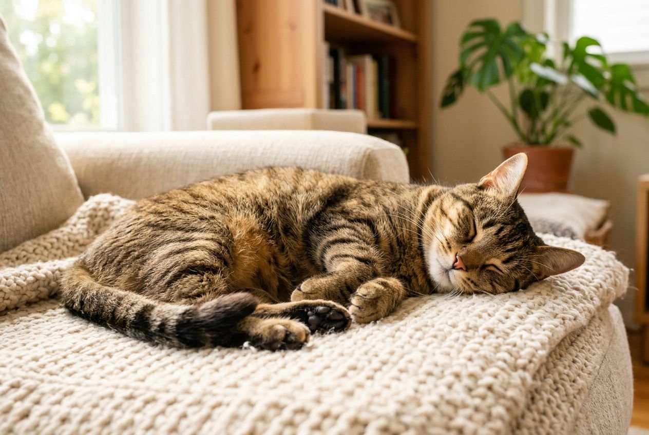 Chat étendu en boule sur une couverture confortable, signe d’un chat heureux et détendu à la maison.