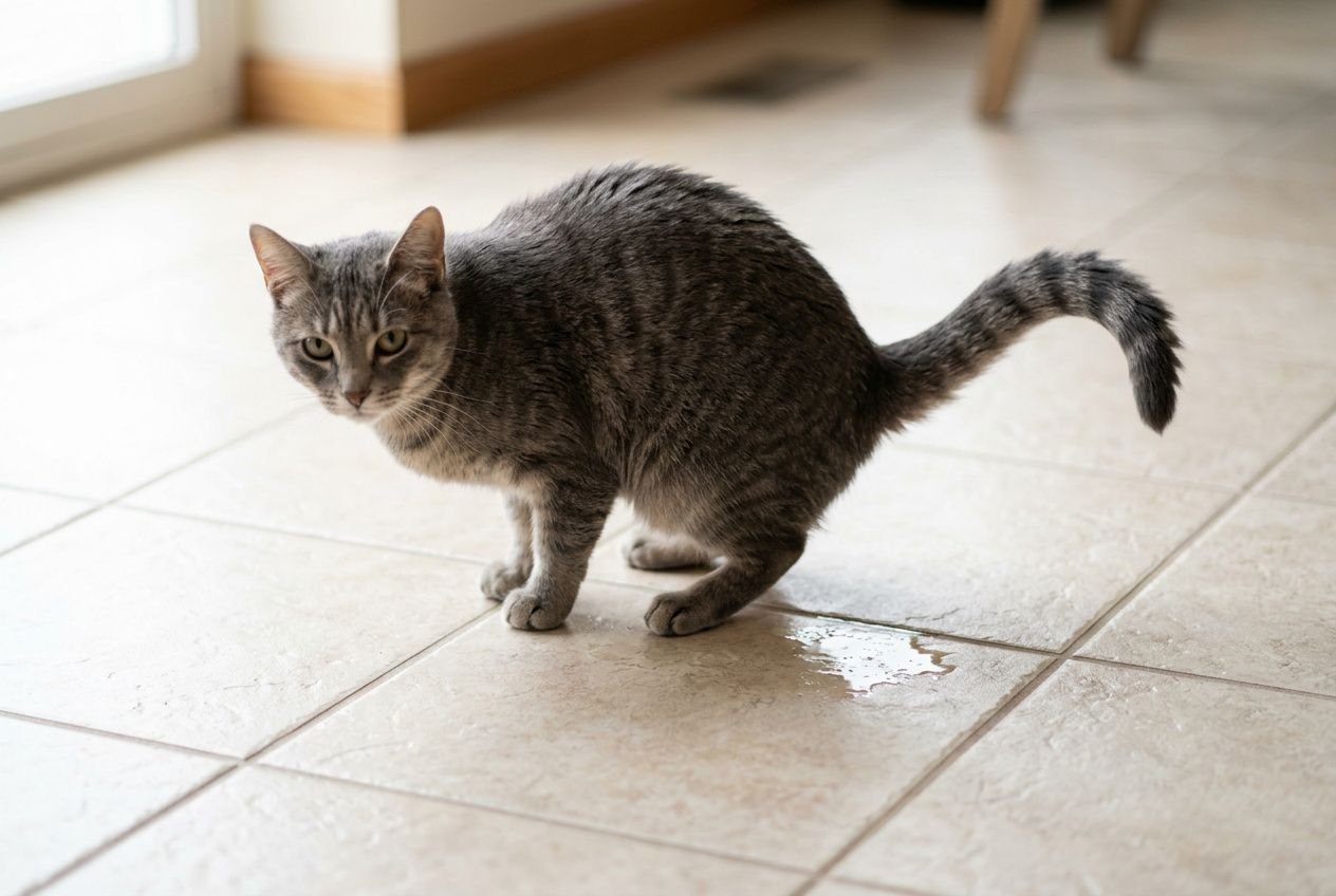 Mon chat fait pipi devant moi : chat gris près d’une flaque sur le carrelage, regard attentif.