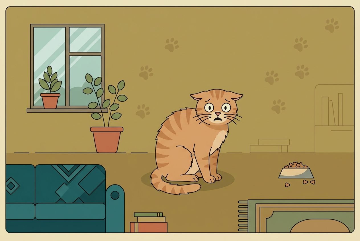 Mon chat fait pipi devant moi : chat orange assis près de sa gamelle, œil surpris dans un salon domestique.