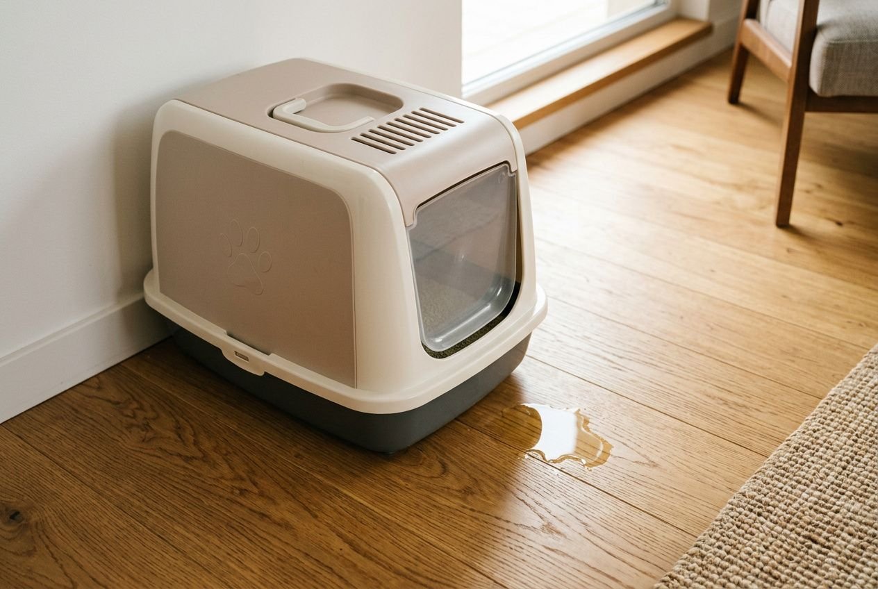 Mon chat fait pipi par terre toujours au même endroit: litière cassée à côté d’un chien petit bac et une marre sur le parquet près d’une litière fermée.