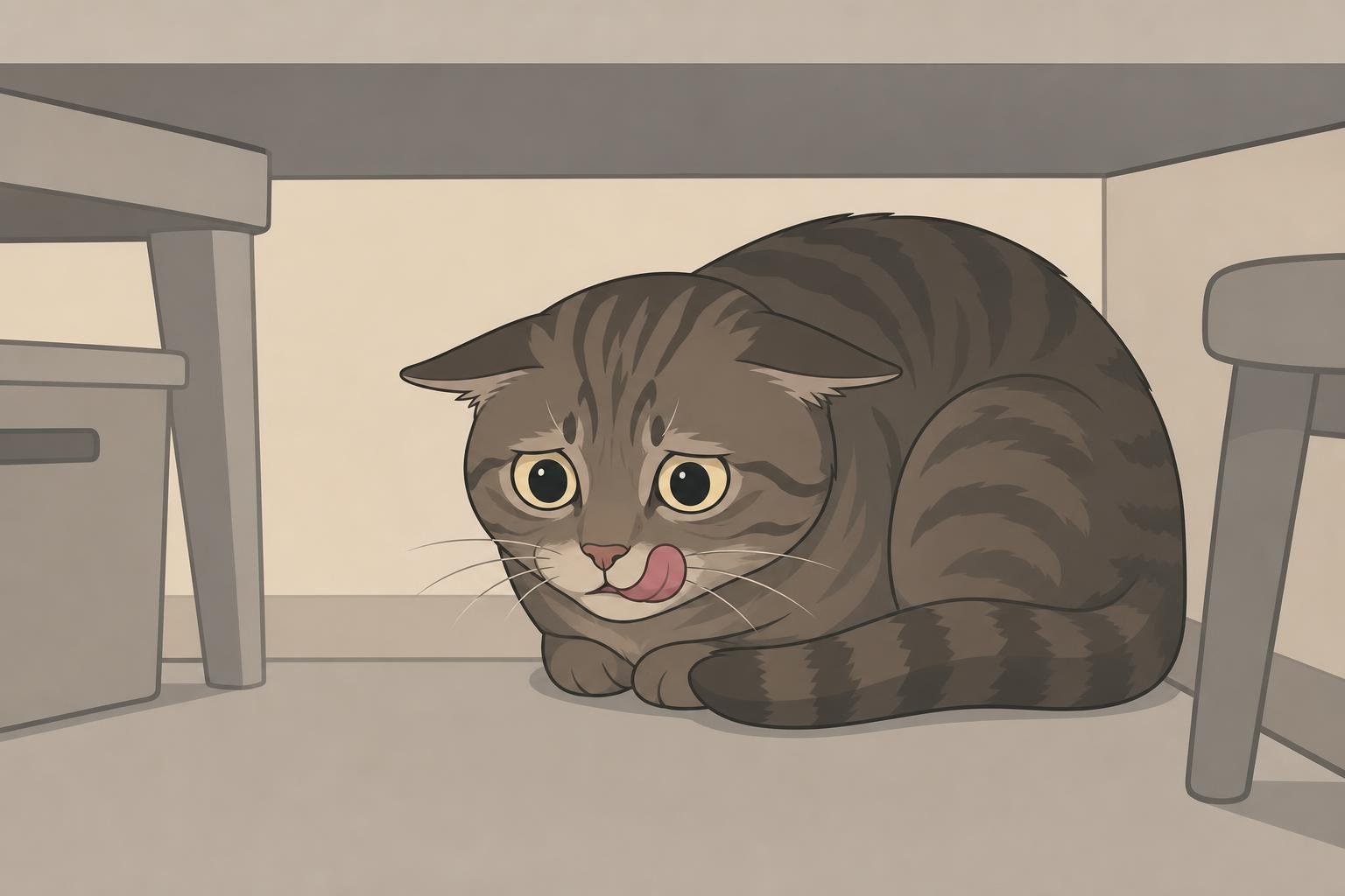 Chat gris tacheté sous une table, patte relevée et langue sortie, expression inquiète; pourquoi mon chat se lèche les babines.