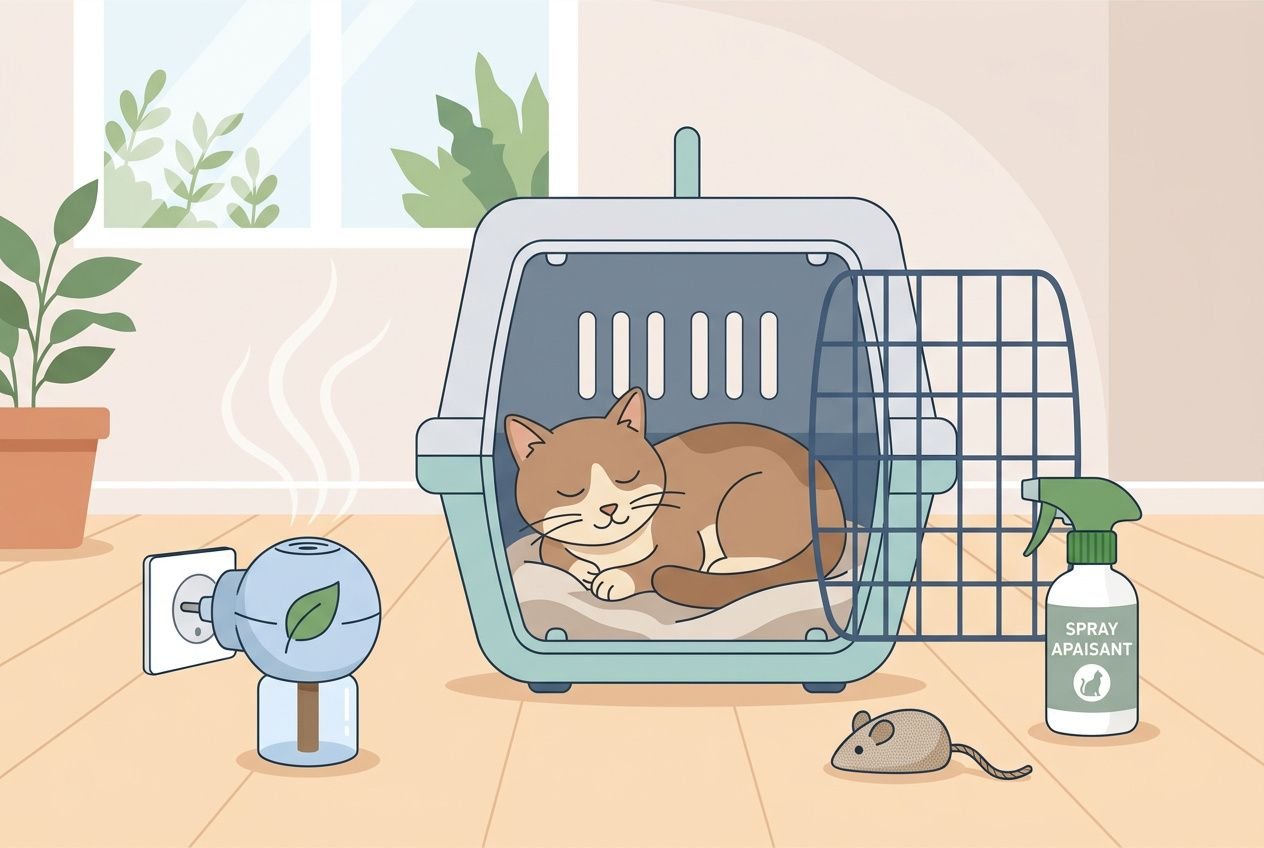 Chat heureux dans une caisse de transport prête pour le trajet, avec spray apaisant et souris jouet à proximité._TOOLTIP