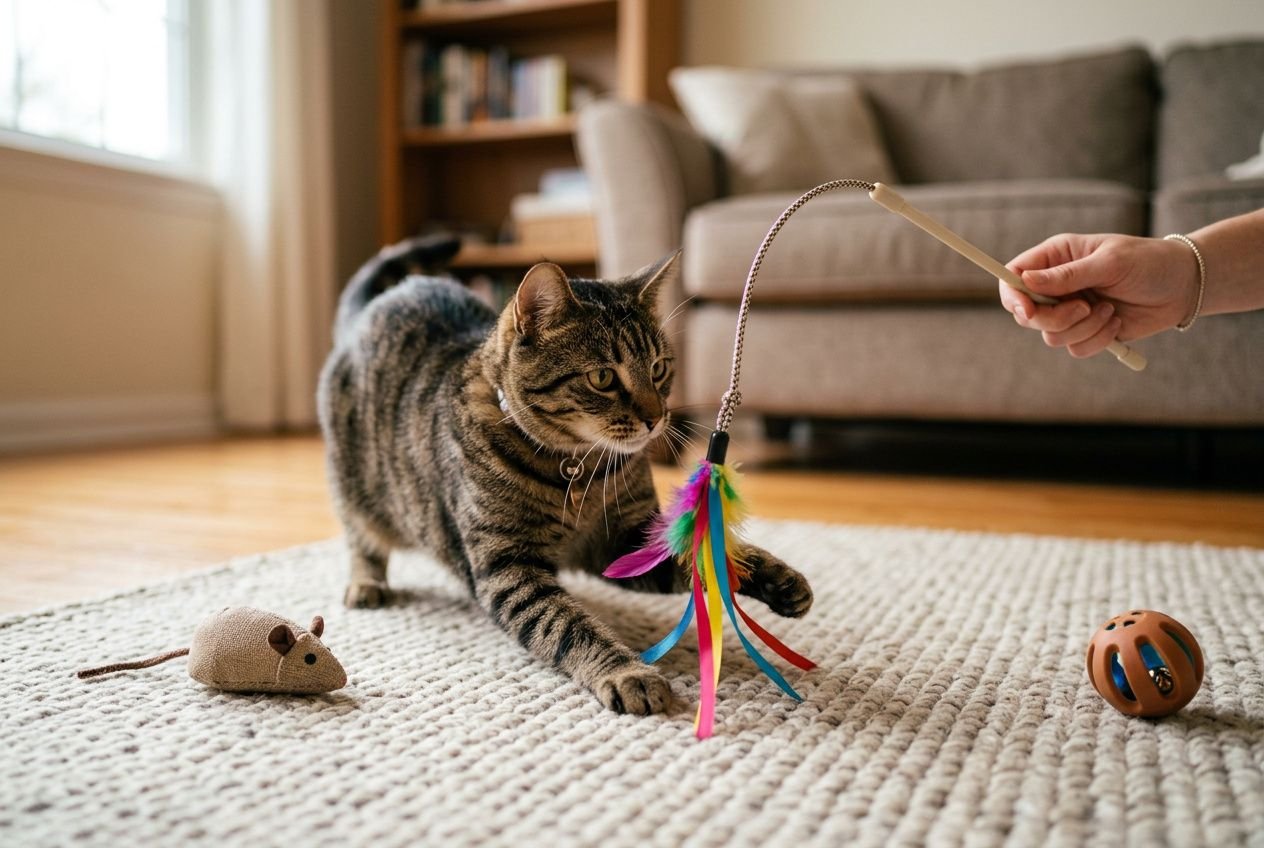 Chat joueur traquant une tige brinquebalante avec plumes colorées, jouet captif, dans salon convivial, meilleurs jeux pour chat qui s'ennuie.