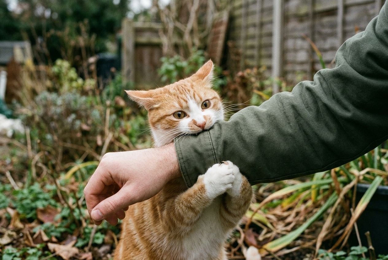 Chat qui mord comportement: un chat orange saisit le poignet d’un humain avec ses pattes, en geste de morsure durant un jeu dans un jardin.