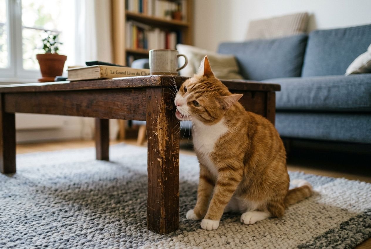 Chat qui mord comportement : un chat tigré mordille le pied d’une table en bois dans un salon, avec canapé et livres en arrière-plan.