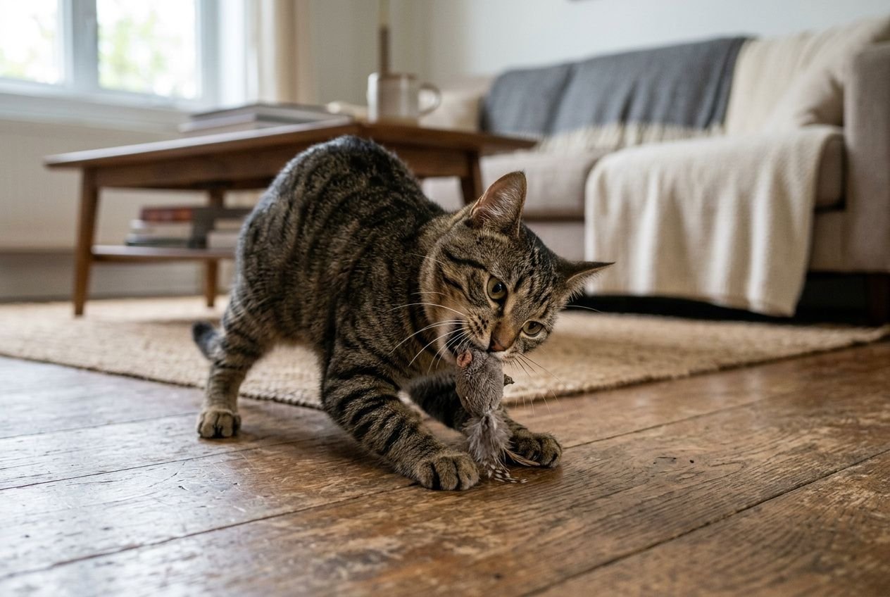 Chat mordeille un jouet en peluche sur un plancher en bois à l’intérieur. Comportement chat mordille illustré par ce chat joueur et affectueux.