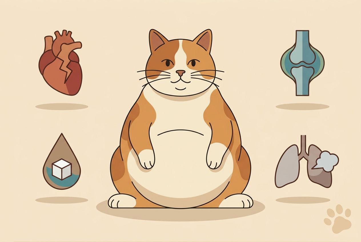 Chat obèse au centre de l’image avec des icônes montrant les organes et facteurs de surpoids: cœur, articulation, poumons, foie, et apport nutritionnel, évoquant l’espérance de vie chat obèse espérance de vie.