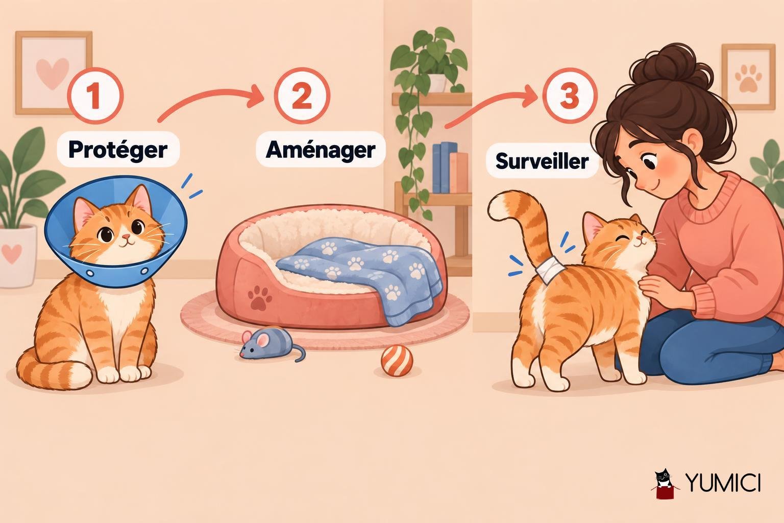Un chat orange avec collier de protection assis près d’un lit pour chat, des jeux et un renvoi de décorations, tandis qu’une