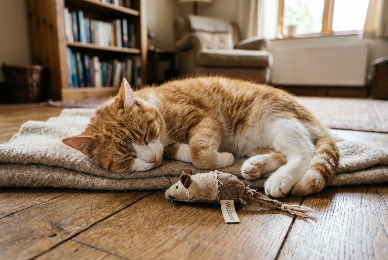 Chat orange dormant sur un tapis, jouet en peluche près de lui, intérieur cosy et bibliothèque en arrière-plan.