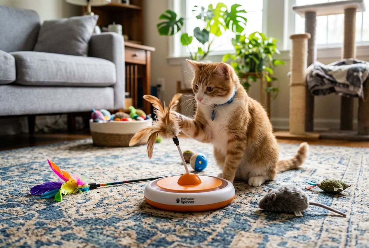 Chat orange joue avec un jouet interactif d’enrichissement pour chat sur un tapis, entouré de peluches et d’un coin salon domestique.