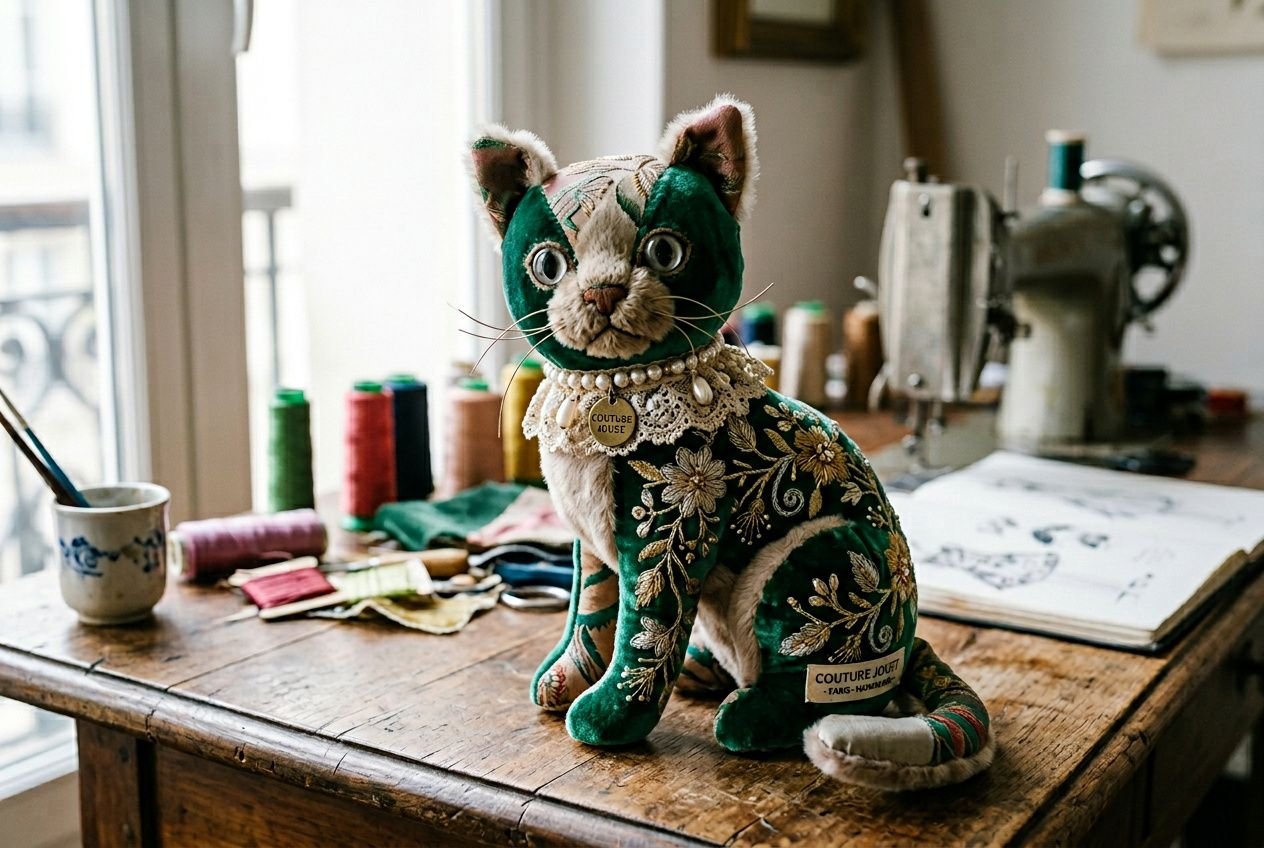 Chat en peluche fait main décoré de tissu vert et or, posé sur une table de couture avec outils et fil autour.