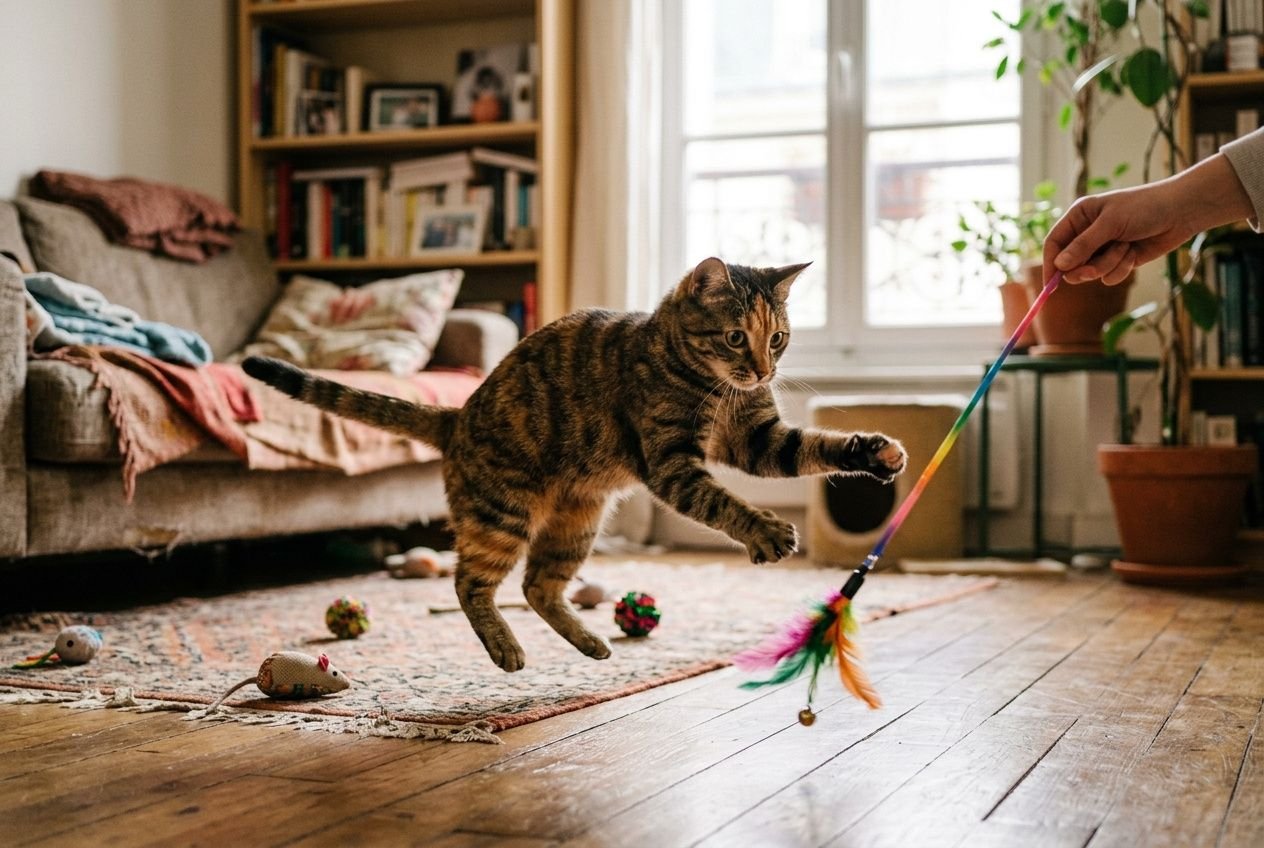 Chat en plein élan attrapant une plume sur une ficelle colorée, sans jouet, dans un intérieur domestique.