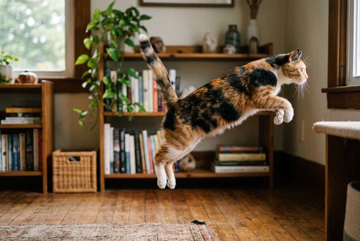 Chat en plein saut dans un salon, queue dressée, intérieur chaleureux avec étagères et plantes. signification position queue du chat évoquée.