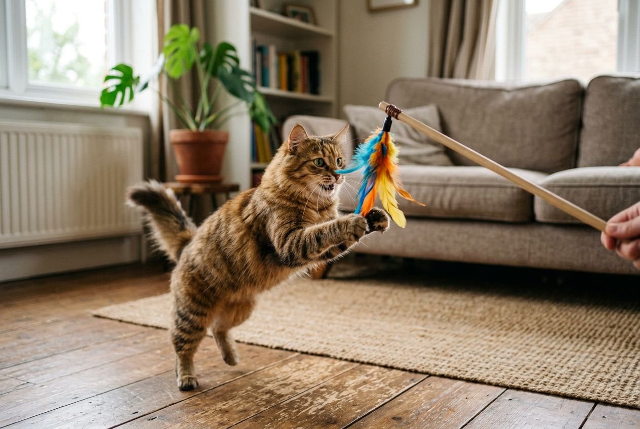 Chat se préparant à attraper une plume accrocheuse sur une canne, en intérieur. Meilleurs jeux pour chat qui s'ennuie, top 10 jouets.