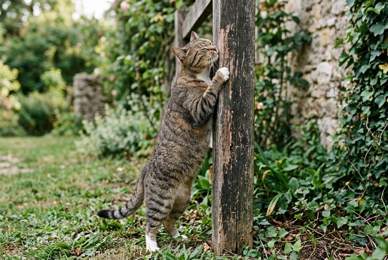 Chat roux debout sur ses pattes arrière, s’accrochant à un poteau en bois dans un jardin verdoyant, près d’une haie. Pourquoi chat urine maison.
