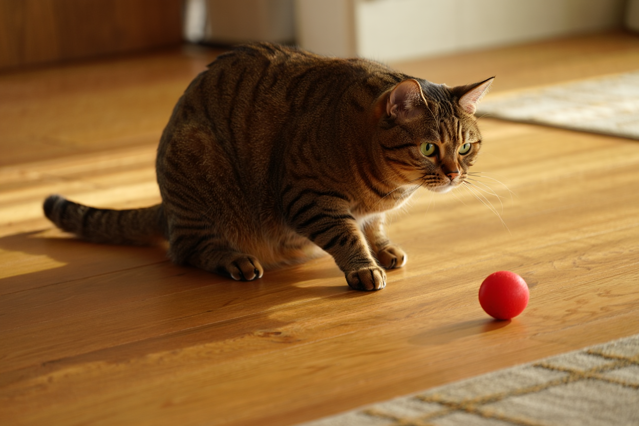 Chat roux en position prêt à jouer avec une petite balle rouge sur le sol en bois, ambiance intérieure. Quel jouet acheter pour un chat.