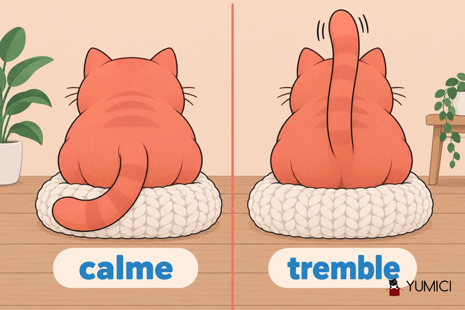 Un chat vu de dos assis sur un coussin, avec la queue repliée puis levée et tremblante à droite.